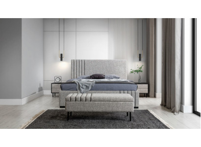 Hellgraue Schlafzimmer Möbel Designer Textilbett 2x Nachttische Bank