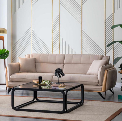 Dreisitzer Beige Couch Sofa Möbel Polster Einrichtung Couchen Sofas Holz