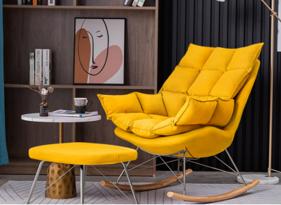 Sessel mit Hocker Design Luxus Textil Sitz Garnitur Wohnzimmer Gelb