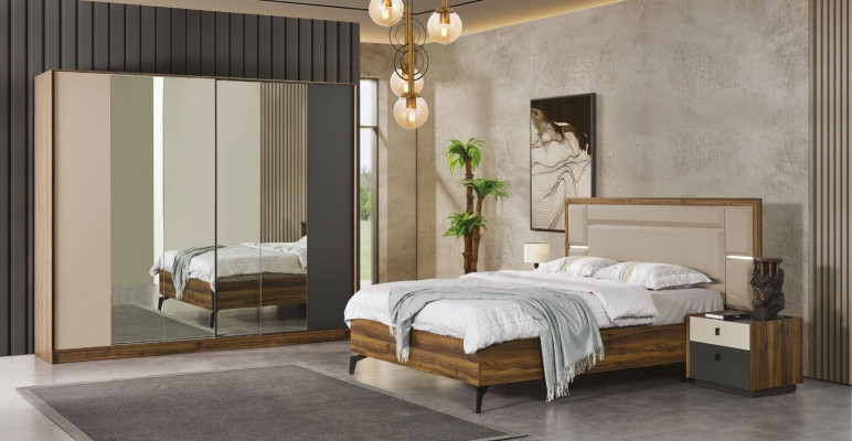 Bett Nachttisch Kleiderschrank 4 tlg Schlafzimmer Set Design Modern Luxus