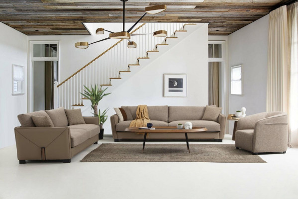 Modern Sofagarnitur Set 331 Sitzer Sessel Dreisitzer Modern Stoff Beige Set 3tlg