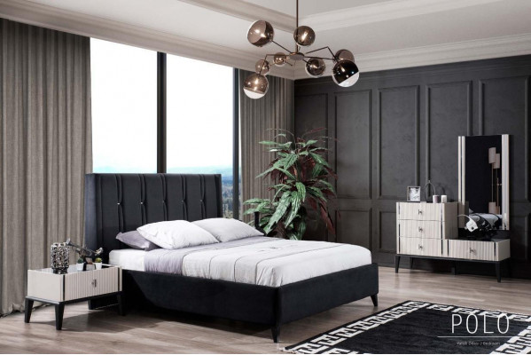 Schwarzes Schlafzimmer Set Designer Bett 2x Holz Nachttische Schminktisch
