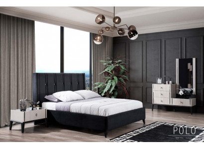 Schwarzes Schlafzimmer Set Designer Bett 2x Holz Nachttische Schminktisch