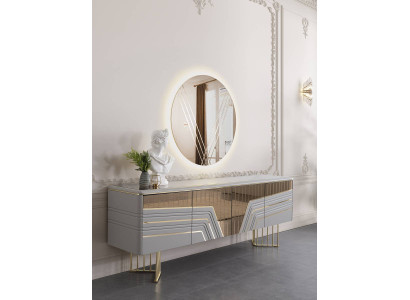 Moderner Silber Sideboard Rundspiegel LED Beleuchtung Designer 2tlg Set 