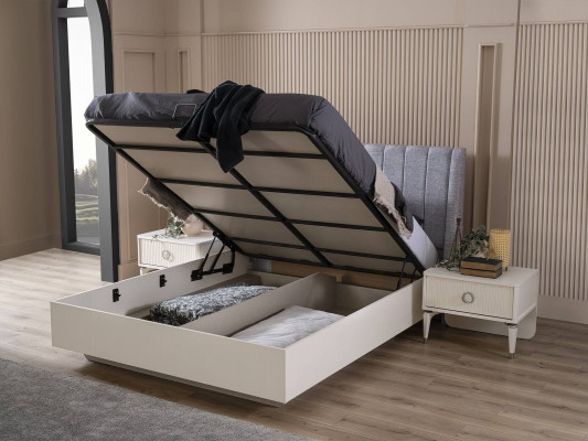 Garnitur Doppelbett Bettrahmen Stoff Schlafzimmer Weiß Holz Set 7tlg
