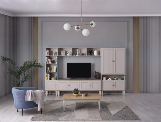 Wohnwand Wohnzimmerwand TV Ständer Holz RTV Lowboard Grau Regale Set