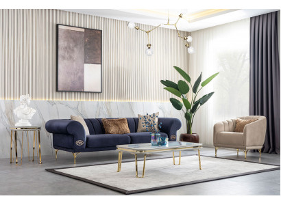 Blau-Beiges Wohnzimmer Set Luxus Sofagarnitur 3+3+1 Sitzer Design Couch