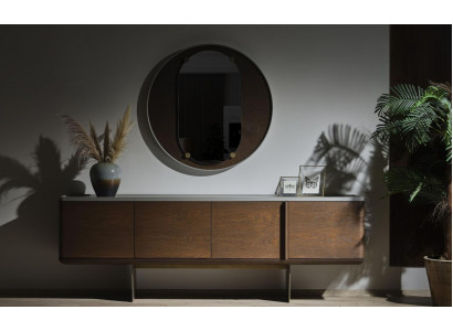 Braunes Sideboard Moderne Holzmöbel Luxus Rundspiegel Wohnzimmer 2tlg