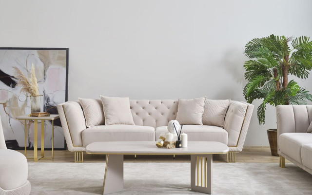 Weißes Wohnzimmer Set Chesterfield Dreisitzer Luxuriöser Couchtisch 2tlg