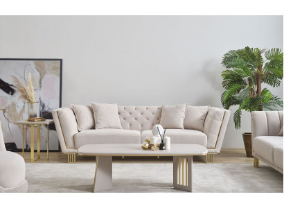Weißes Wohnzimmer Set Chesterfield Dreisitzer Luxuriöser Couchtisch 2tlg
