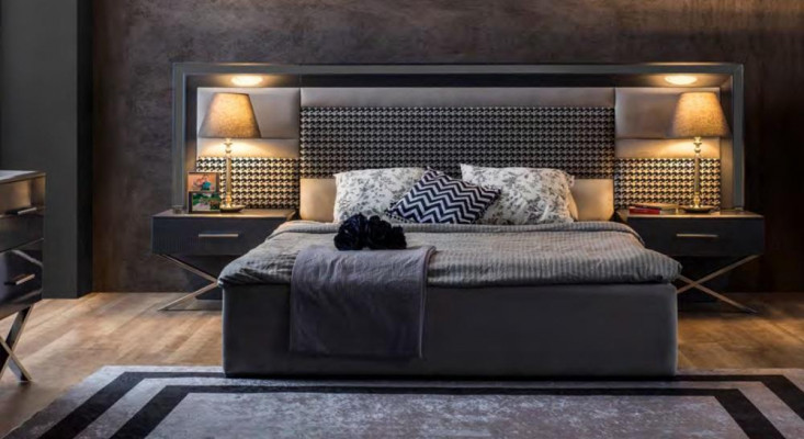 Graue Schlafzimmer Möbel Edelstahlbett Designer Holz Nachttische 3tlg