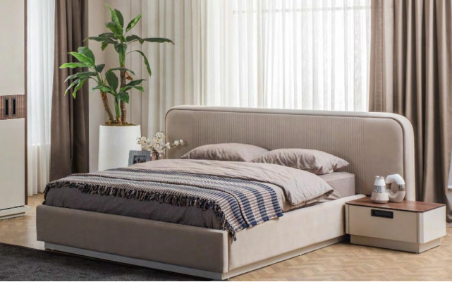 Beige Schlafzimmer Möbel Textilbett Holz Schminktische 2x Nachttische