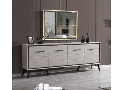 Weiße 4-türige Esszimmer Kommode Designer Anrichte Luxus Glas Spiegel