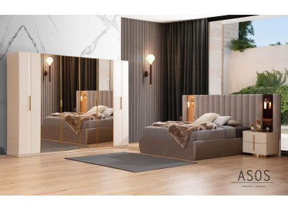 Beige Schlafzimmer Garnitur Designer Bett Kleiderschrank 2x Nachttische