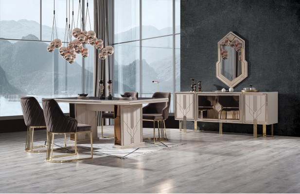 7tlg. Esszimmer Set Esstisch + 4x Stühle + Anrichte + Spiegel Neu Essgruppen