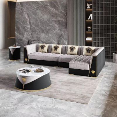 Graue Wohnzimmer Sofagarnitur Ecksofa Couchtisch Beistelltisch Edelstahl