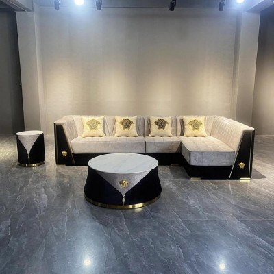 Graue Wohnzimmer Sofagarnitur Ecksofa Couchtisch Beistelltisch Edelstahl