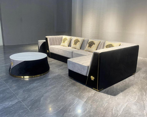 Graue Wohnzimmer Sofagarnitur Ecksofa Couchtisch Beistelltisch Edelstahl