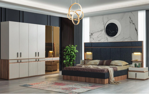 Möbel Luxury Bett 2x Nachttische Kleiderschrank Schlafzimmer Set