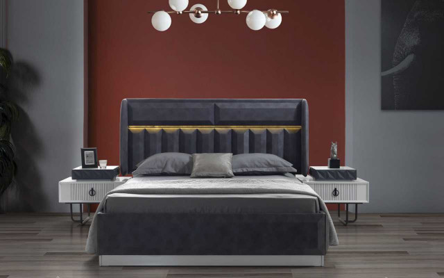  Komplettes Schlafzimmer Set Graues Doppelbett Luxuriöse Holz Nachttische