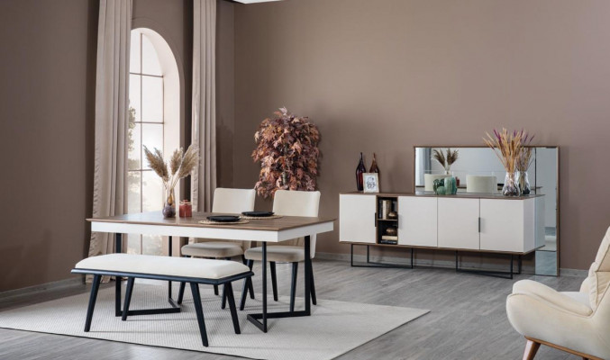 Garnitur Set Tisch 4x Stühle Anrichte Spiegel Essgruppe 7tlg Esszimmer