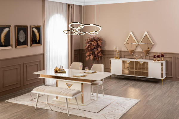 Esszimmer Tisch 4x Stühle Bank Set Essgruppe Modern 7tlg Beige Design