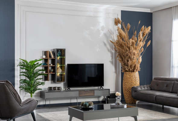 Graue Wohnwand Schrank Wohnwände Möbel Holz rtv Fernseher Design Schränke