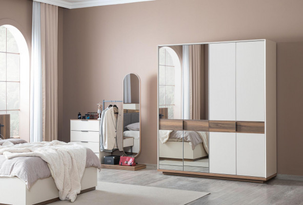 Schlafzimmer Anrichte mit Spiegel Garnitur Holz Modernes Weiß Möbel