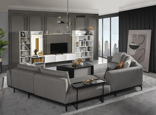 Ecksofa U-Form Wohnzimmer Couch Textil Neu Design grau Modern Luxus