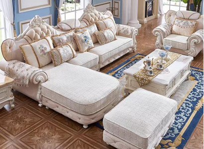 Ecksofa L-Form Sessel Hocker Couch Holz mit Textil Barock Rokoko