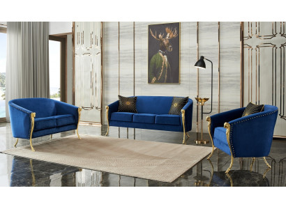 Luxus Polster Sessel 3+2+1 Sitz Blaue Goldenen Beinen Sitzpolster Neu