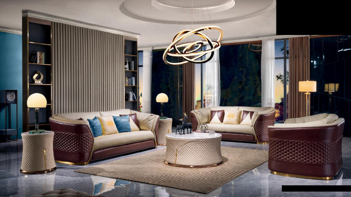 Beige-Braune Ledersofa Couchgarnitur 3+2 Sitzer Set Garnitur Polstersofas 2tlg.