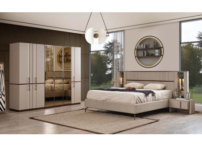 Modernes Beiges Doppelbett 2x Nachttische Kleiderschrank Holz Möbel