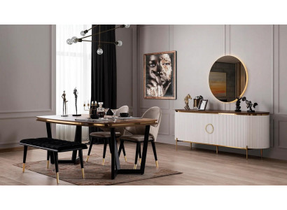 Esszimmer Set Besteht aus Esstisch 4x Stühle Bank Anrichte Spiegel 8tlg.