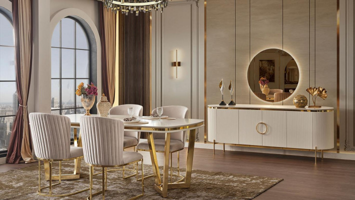 Esszimmer Set Besteht aus Design Esstisch 4x Stühle und Anrichte 7tlg.