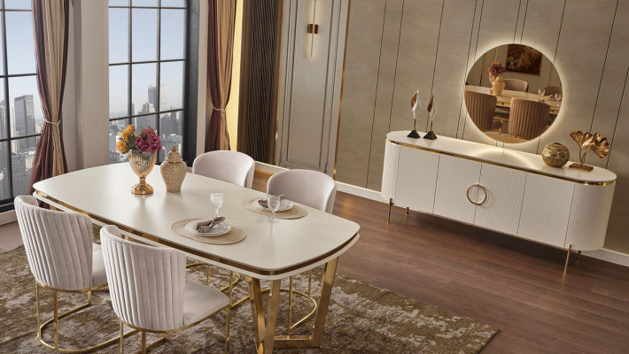 Esszimmer Set Besteht aus Design Esstisch 4x Stühle und Anrichte 7tlg.