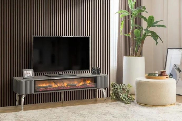 Hochwertiges TV-Sideboard Kamin MDF Metall grau Farbe neu Wohnzimmer