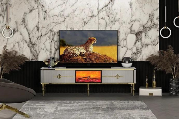  Wohnzimmer TV Lowboard hochwertige Materialien MDF Metall weiß + gold