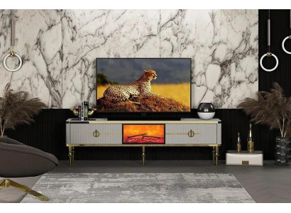  Wohnzimmer TV Lowboard hochwertige Materialien MDF Metall weiß + gold