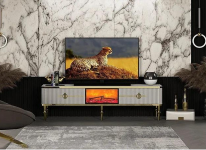  Wohnzimmer TV Lowboard hochwertige Materialien MDF Metall weiß + gold
