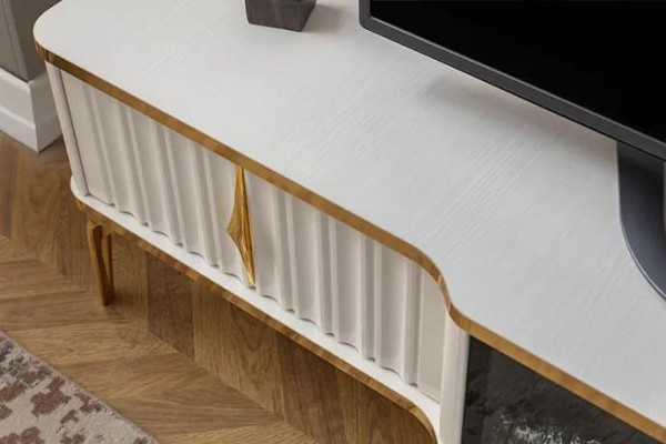  Wohnzimmer TV-Lowboard weiß + gold MDF Sideboard Metall RTV Luxus Neu