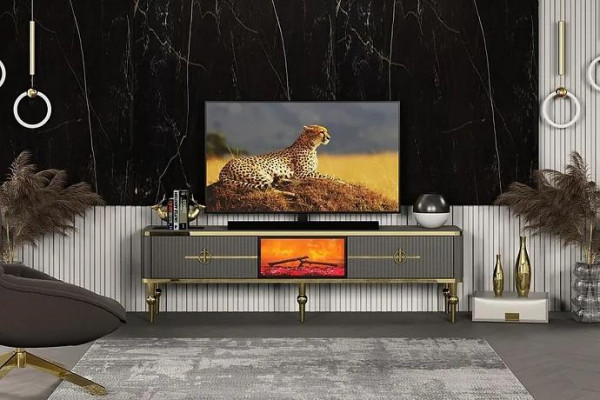  Wohnzimmer TV Lowboard Grau Kamin RTV Sideboard Metall + MDF Exklusiv