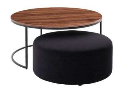  Brauner Couchtisch + Textil gepolsterter schwarzer Sitzhocker Set