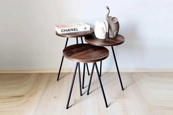  Rundes 3x Couchtische Set braunes Holz Metallbeine Beistelltisch