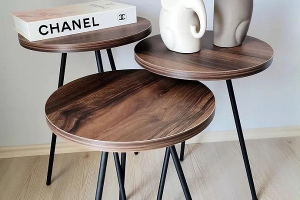  Rundes 3x Couchtische Set braunes Holz Metallbeine Beistelltisch