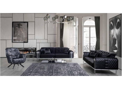  Schwarze Wohnzimmer Sofagarnitur 2x Dreisitzer Designer Polster Sessel