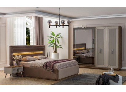  Beige Schlafzimmer Garnitur Modernes Doppelbett Glas Kleiderschrank 4tlg