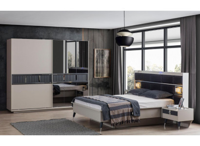  Graue Schlafzimmer Möbel Designer Bett 2x Nachttische Holz Schrank 4tlg