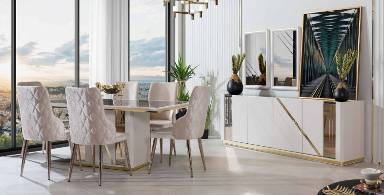 Beige Edelstahl Esszimmer Garnitur Designer Esstisch x6 Stühle Kommode