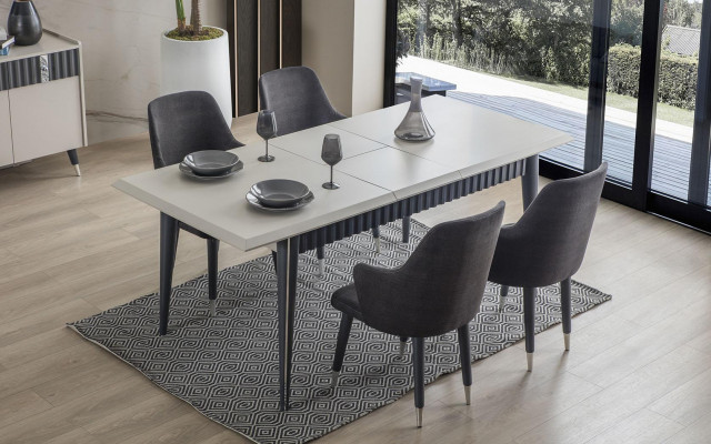  Designer Rechteckiger Weißer Esstisch 6x Graue Polster Stühle 7tlg. Set